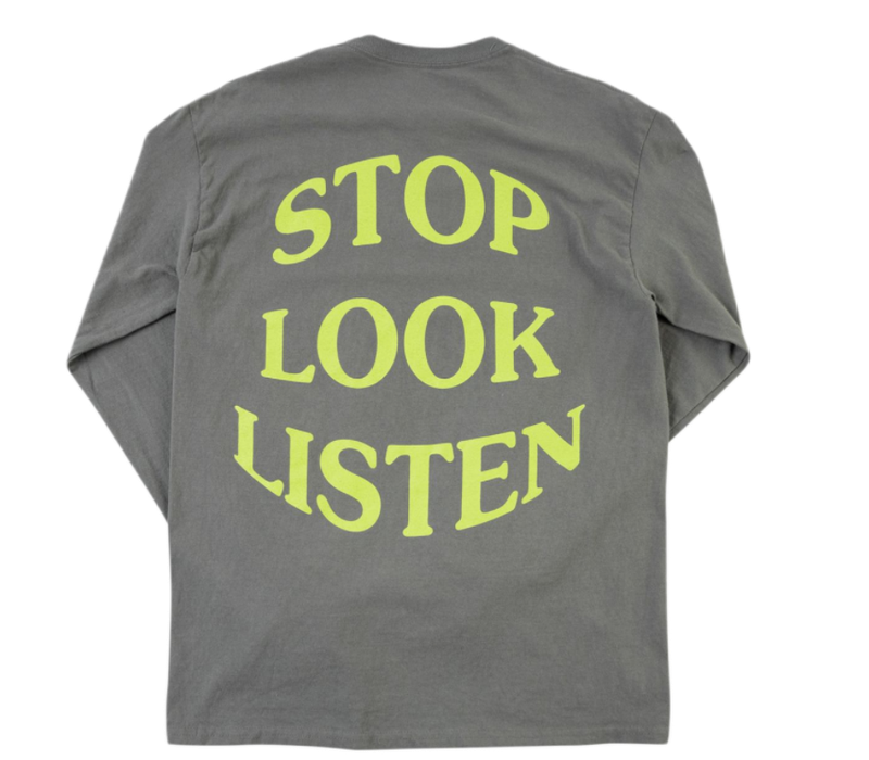 Travis Scott Stop Look Listen Long Sleeve Grey Tee (93665-367) Men's Size S-XL
