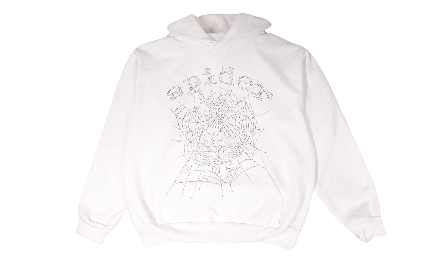 Sp5der OG Rhinestone Logo Hoodie White