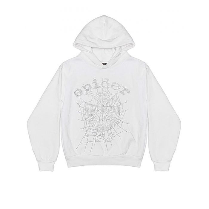 Sp5der OG Rhinestone Logo Hoodie White