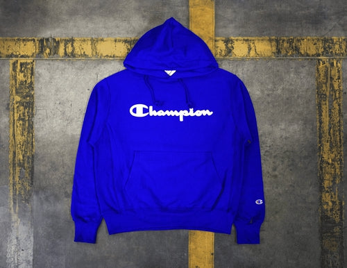Champion Life Reverse Weave Blue Pullover Hoodie Script Logo